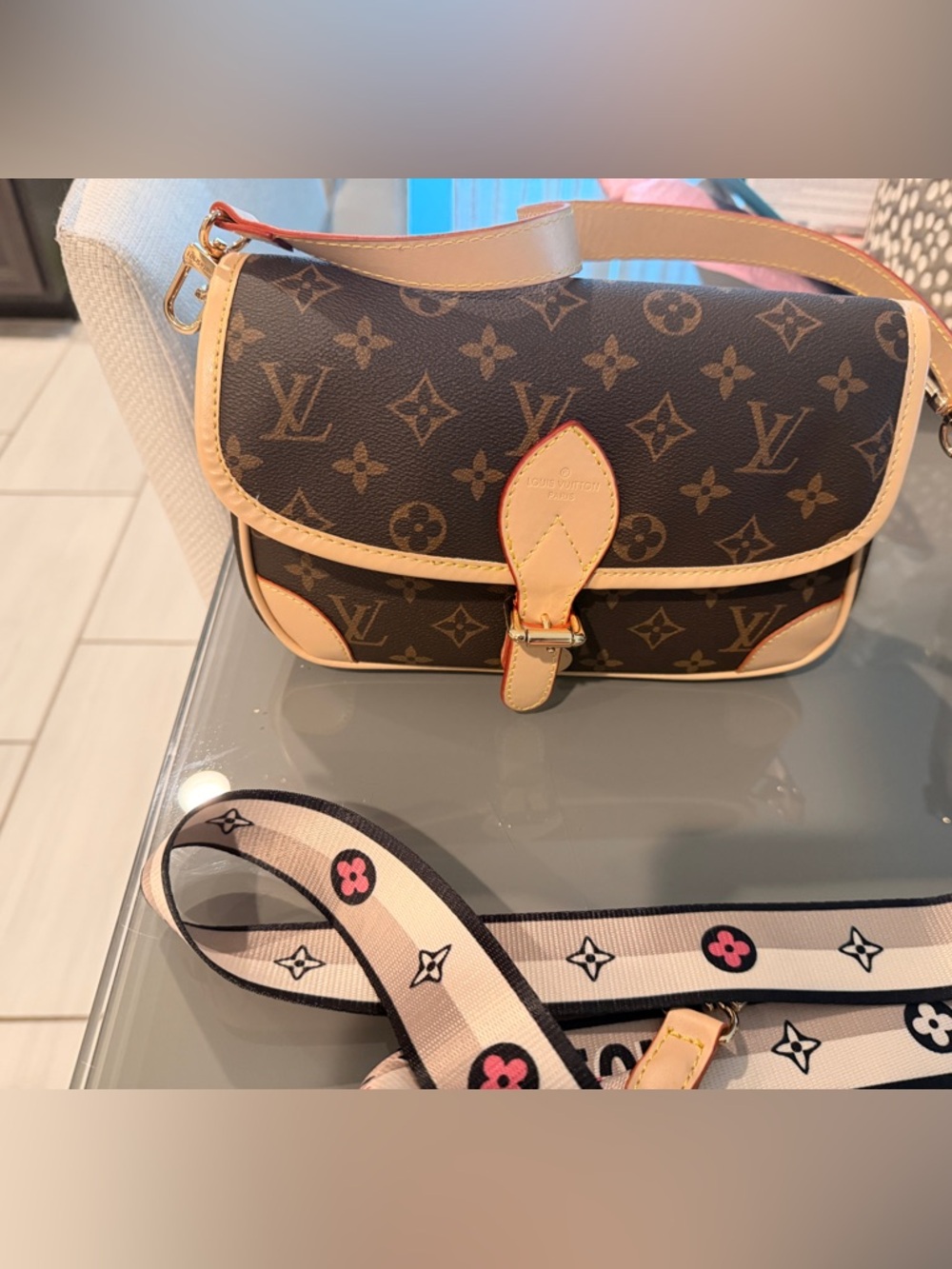 Monogram Brown Leather Crossbody Bag with Beige Trim